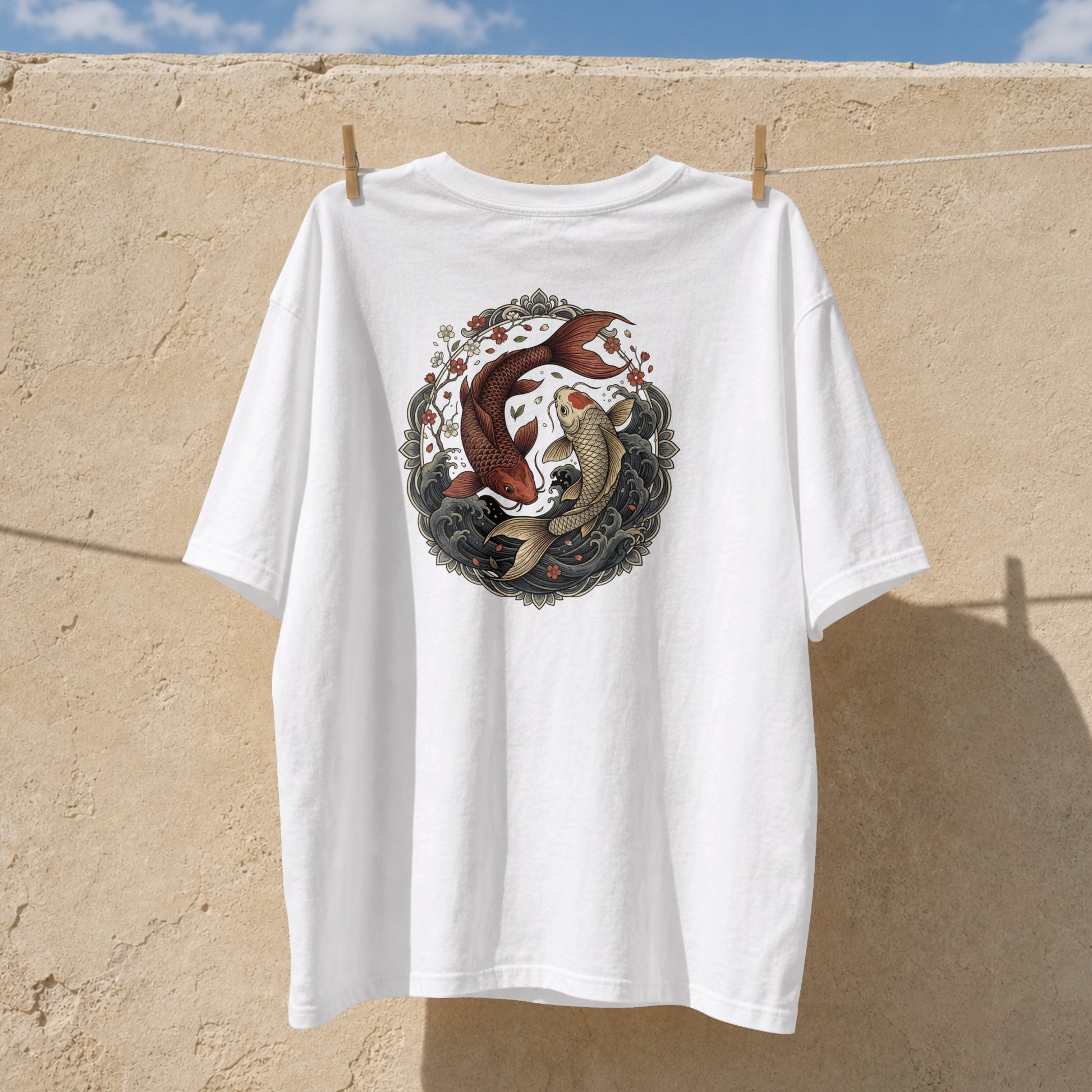 Nauma white koi fish yin yang cotton T-shirt hanging outdoors, front print detail