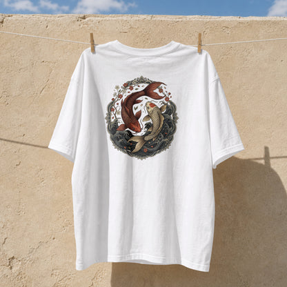 Nauma white koi fish yin yang cotton T-shirt hanging outdoors, front print detail