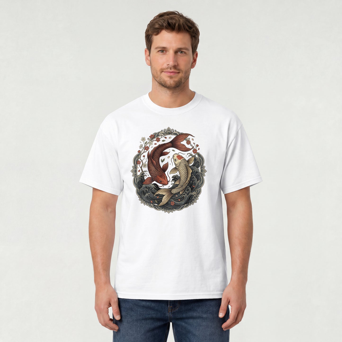 Man wearing Nauma white koi fish yin yang graphic cotton T-shirt, front view