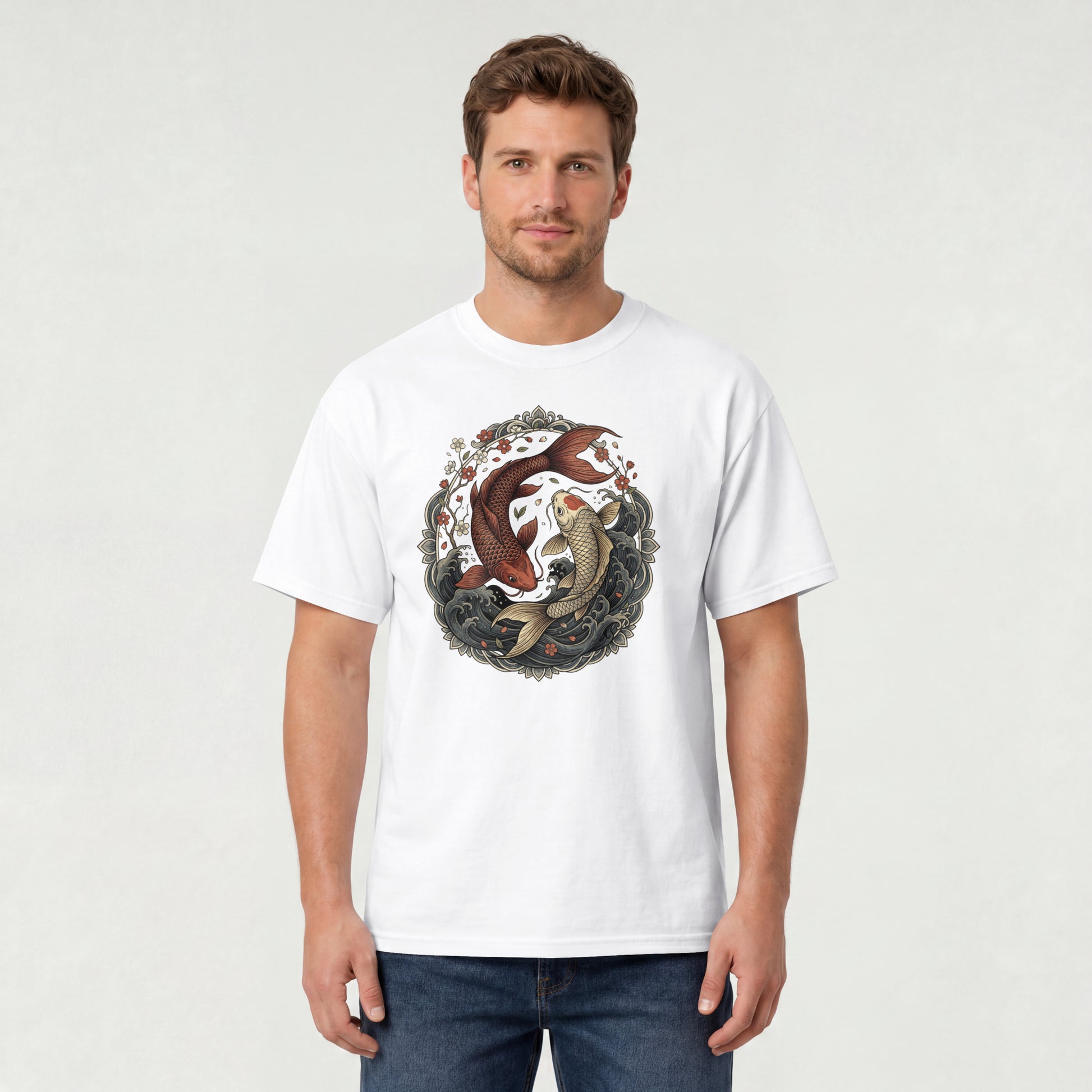 Man wearing Nauma white koi fish yin yang graphic cotton T-shirt, front view