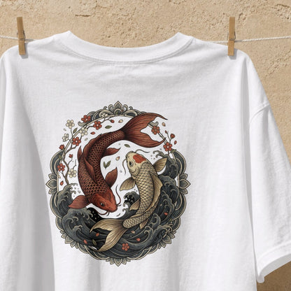 Close-up of the koi fish yin yang print on the Nauma white cotton T-shirt