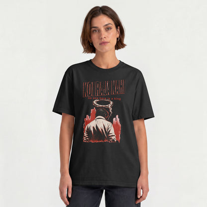 Woman wearing the black Koi Raja Nahi unisex oversized graphic tee