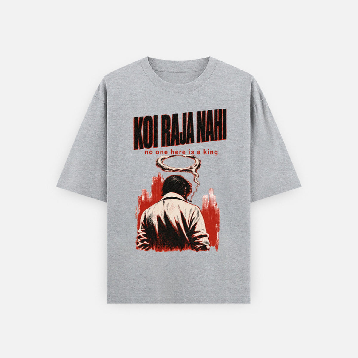 Melange grey Koi Raja Nahi oversized t-shirt flat lay with black distressed lettering