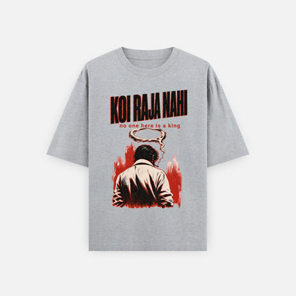 Melange grey Koi Raja Nahi oversized t-shirt flat lay with black distressed lettering