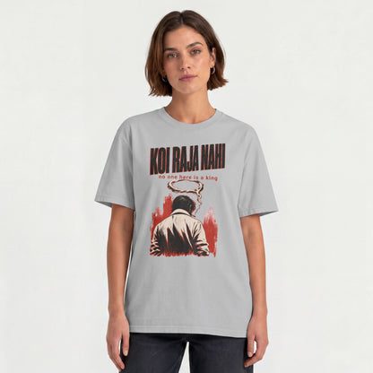 Woman wearing the melange grey Koi Raja Nahi unisex oversized tee