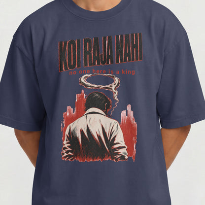 Close-up of the Koi Raja Nahi print on a navy blue oversized tee, showing the smoke halo and red skyline detail