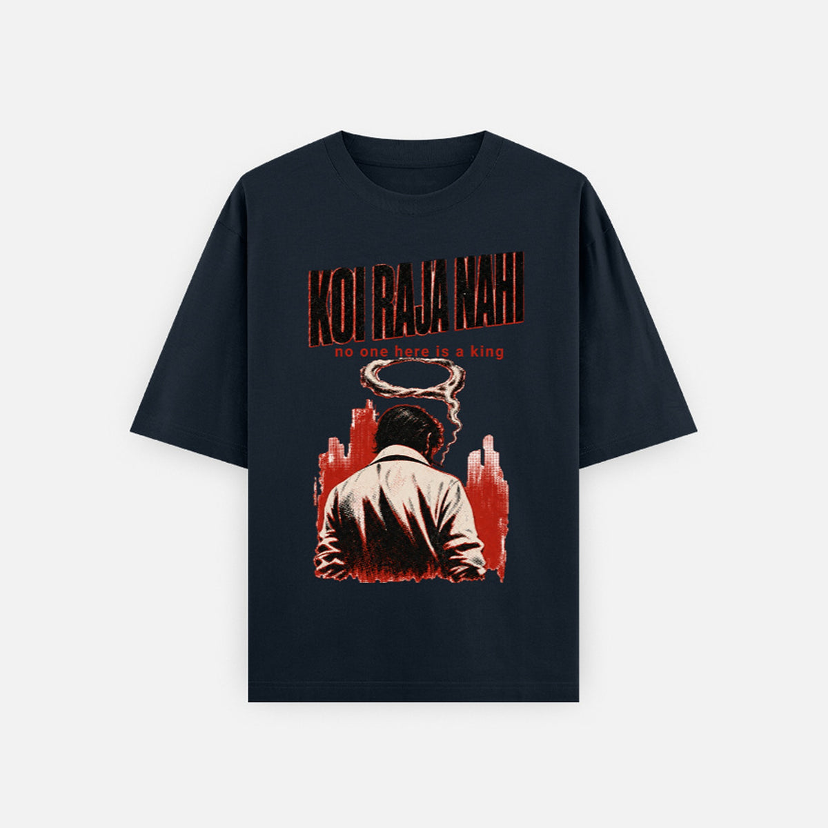 Navy blue Koi Raja Nahi oversized tee laid flat with the red skyline and smoke halo graphic