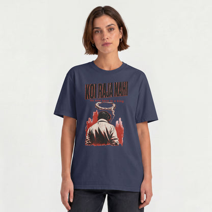 Woman wearing the navy blue Koi Raja Nahi unisex oversized slogan tee