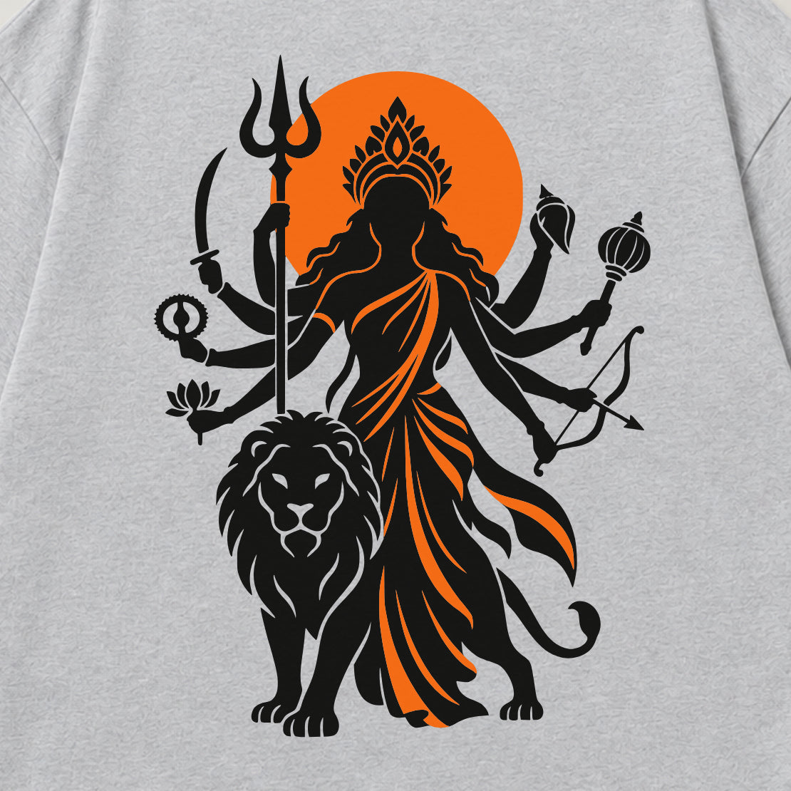 Melange Grey Maa Durga Saffron Sun back print close-up, Durga beside her lion against an orange sun