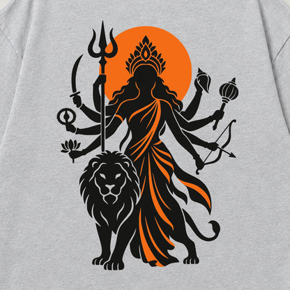 Melange Grey Maa Durga Saffron Sun back print close-up, Durga beside her lion against an orange sun