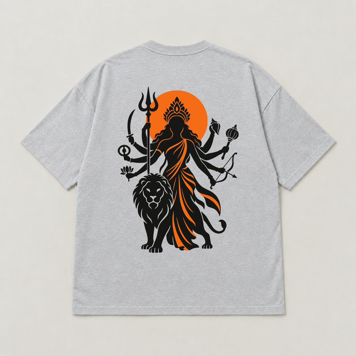 Melange Grey Maa Durga Saffron Sun oversized t-shirt laid flat, showing the Durga and lion back print