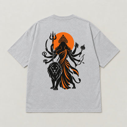 Melange Grey Maa Durga Saffron Sun oversized t-shirt laid flat, showing the Durga and lion back print
