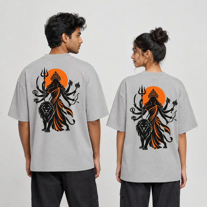 Melange Grey Maa Durga Saffron Sun back print unisex oversized t-shirt worn by a man and a woman, back view