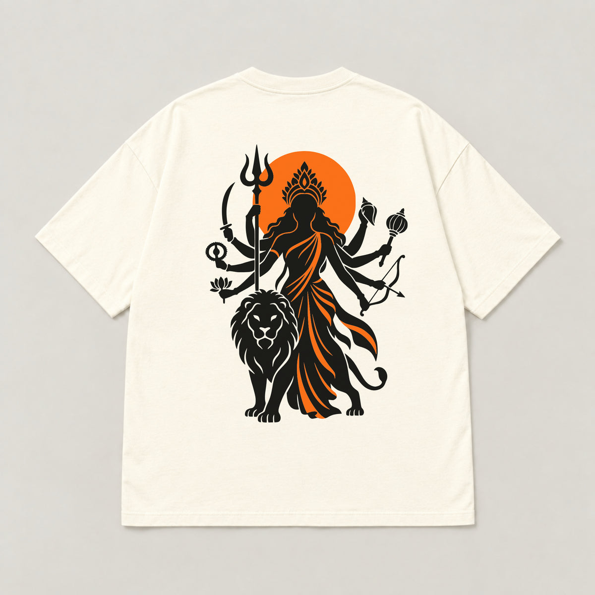 Off white Maa Durga Saffron Sun oversized t-shirt laid flat, showing the Durga and lion back print