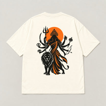 Off white Maa Durga Saffron Sun oversized t-shirt laid flat, showing the Durga and lion back print