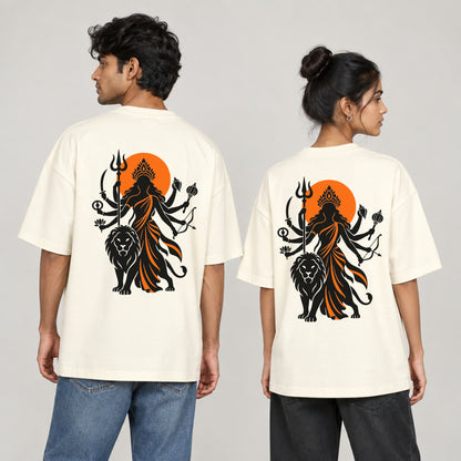 Off white Maa Durga Saffron Sun back print unisex oversized t-shirt worn by a man and a woman, back view