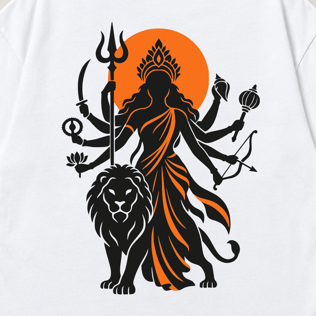 White Maa Durga Saffron Sun back print close-up, Durga beside her lion against an orange sun