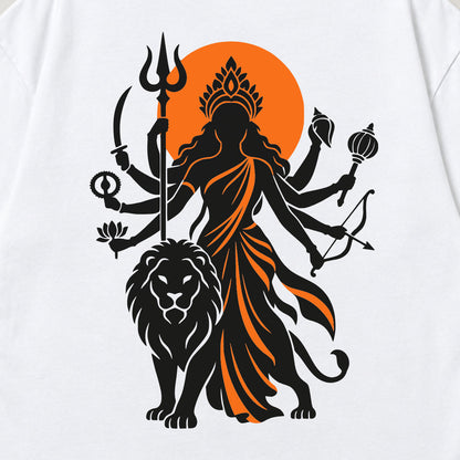 White Maa Durga Saffron Sun back print close-up, Durga beside her lion against an orange sun