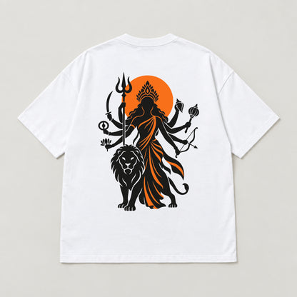 White Maa Durga Saffron Sun oversized t-shirt laid flat, showing the Durga and lion back print
