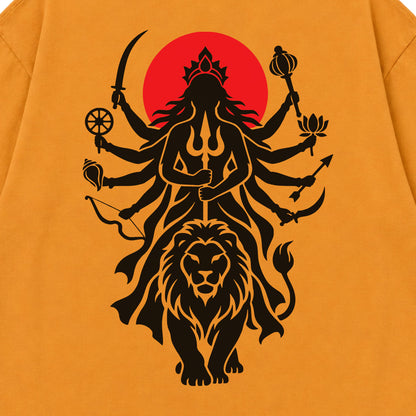 Golden Yellow Maa Durga Shakti back print close-up, ten-armed Durga on a lion against a red sun