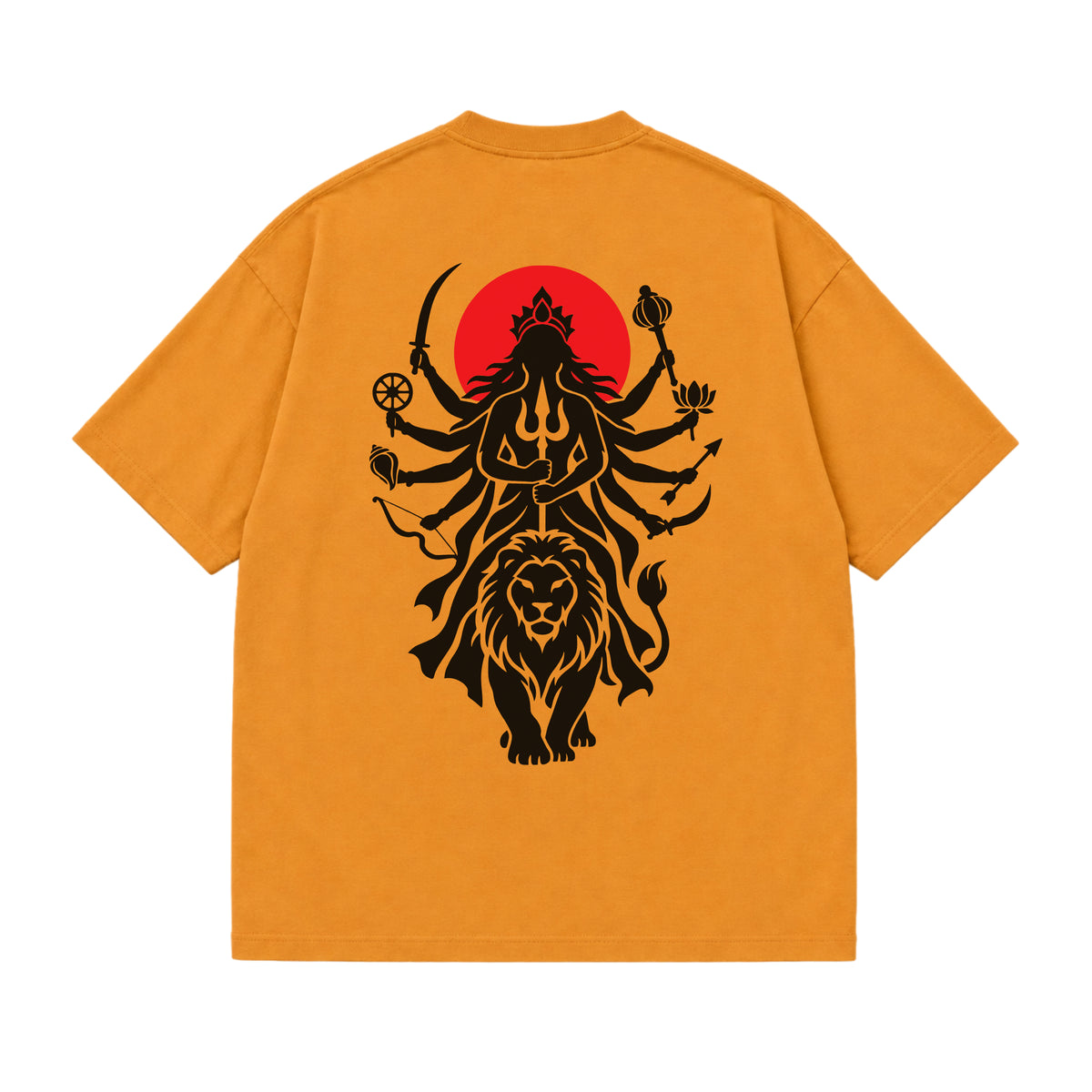 Golden Yellow Maa Durga Shakti oversized t-shirt laid flat, showing the Durga and lion back print