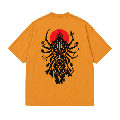 Golden Yellow Maa Durga Shakti oversized t-shirt laid flat, showing the Durga and lion back print