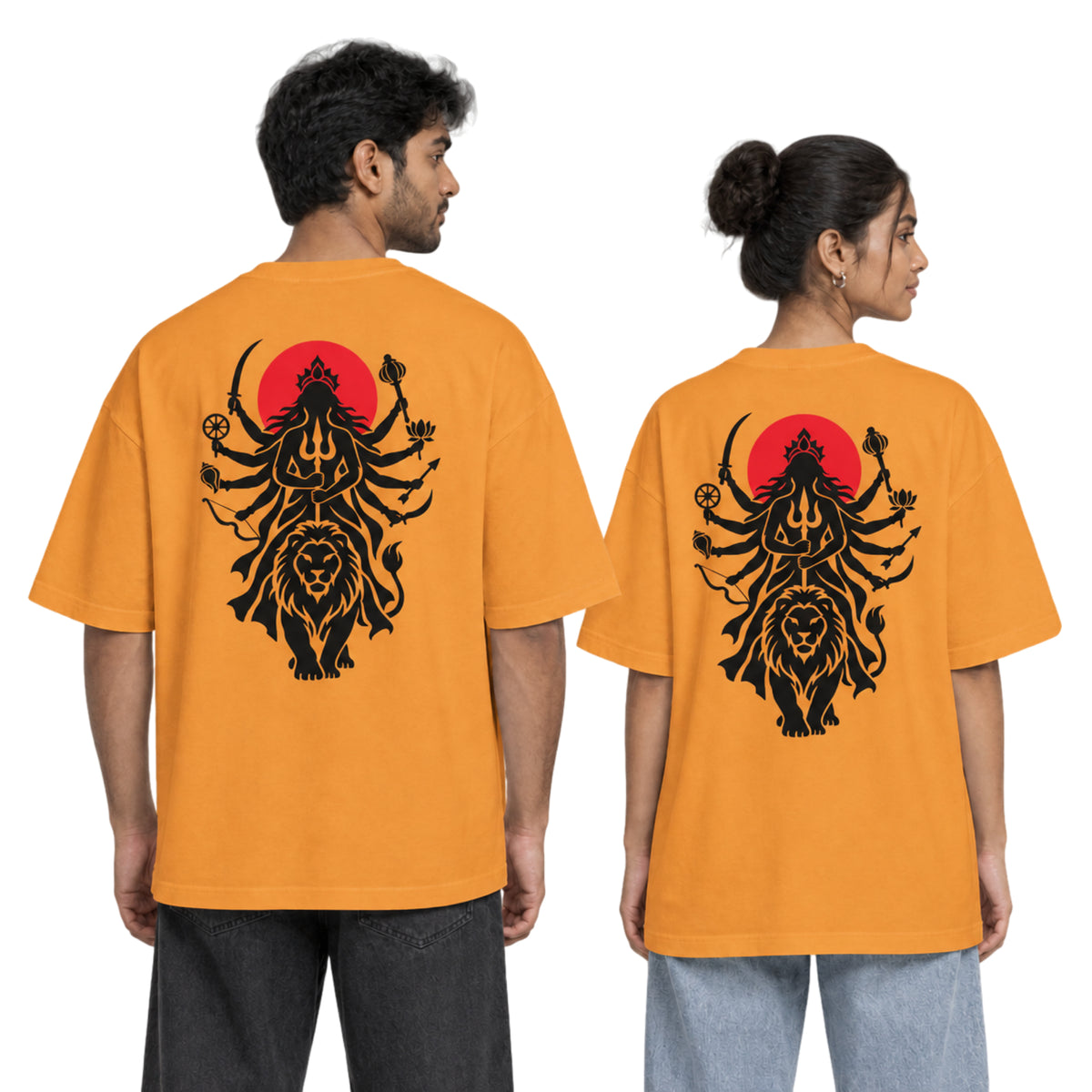 Golden Yellow Maa Durga Shakti back print unisex oversized t-shirt worn by a man and a woman, back view