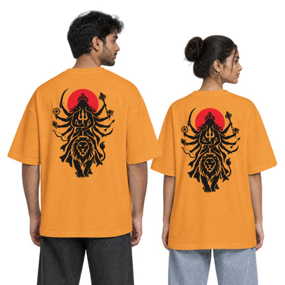 Golden Yellow Maa Durga Shakti back print unisex oversized t-shirt worn by a man and a woman, back view