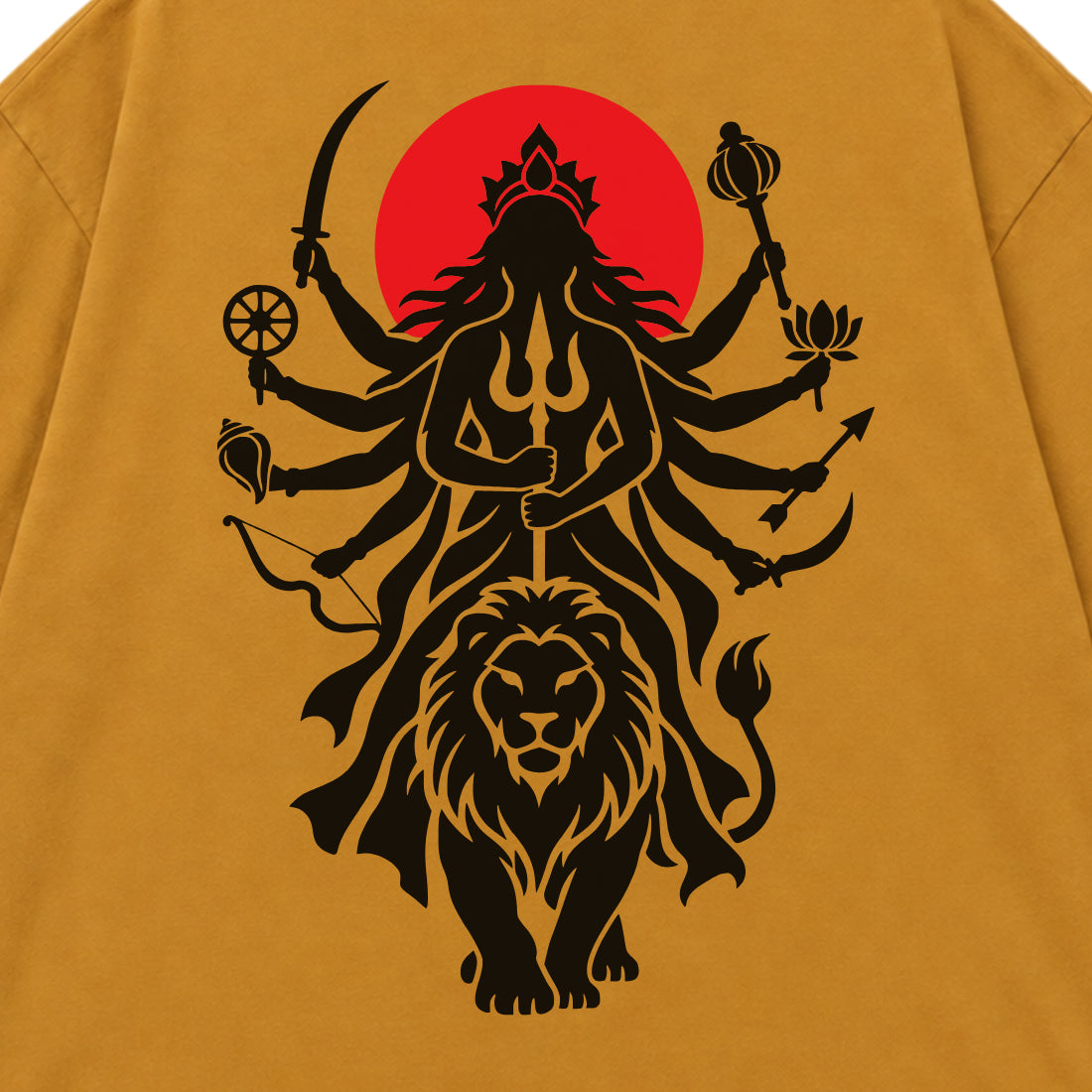 Mustard Yellow Maa Durga Shakti back print close-up, ten-armed Durga on a lion against a red sun