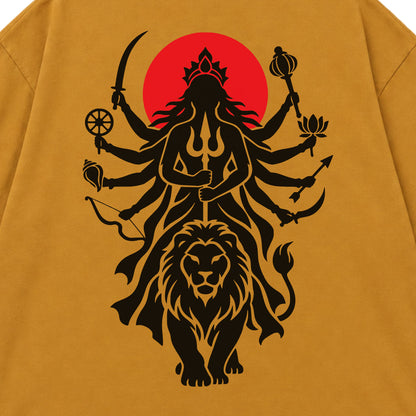 Mustard Yellow Maa Durga Shakti back print close-up, ten-armed Durga on a lion against a red sun