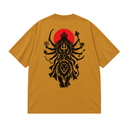 Mustard Yellow Maa Durga Shakti oversized t-shirt laid flat, showing the Durga and lion back print