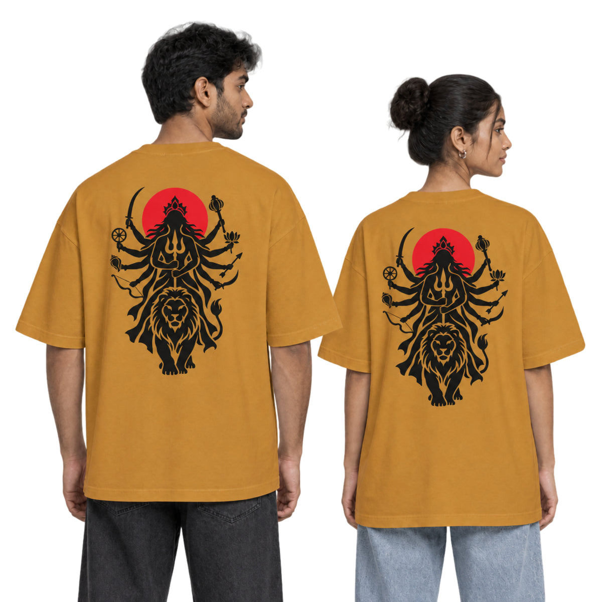 Mustard Yellow Maa Durga Shakti back print unisex oversized t-shirt worn by a man and a woman, back view