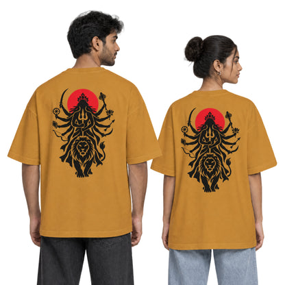 Mustard Yellow Maa Durga Shakti back print unisex oversized t-shirt worn by a man and a woman, back view