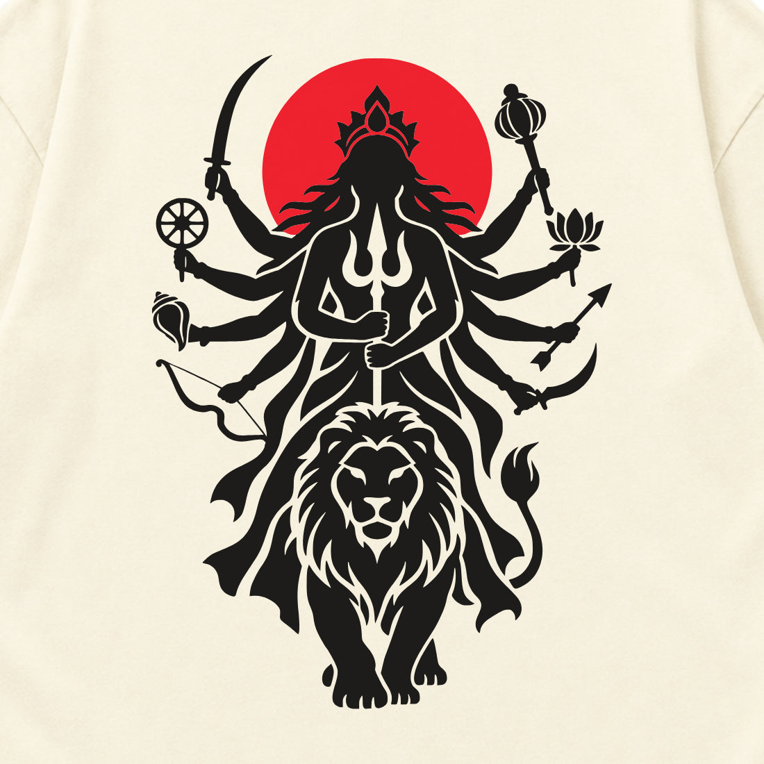 Off white Maa Durga Shakti back print close-up, ten-armed Durga on a lion against a red sun