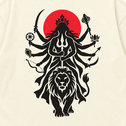 Off white Maa Durga Shakti back print close-up, ten-armed Durga on a lion against a red sun