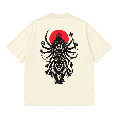Off white Maa Durga Shakti oversized t-shirt laid flat, showing the Durga and lion back print