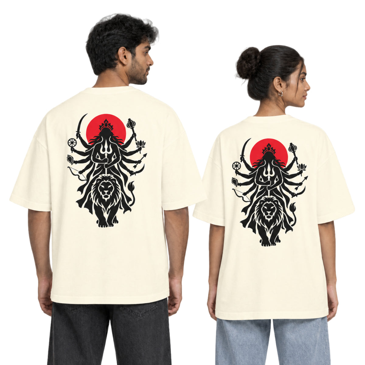 Off white Maa Durga Shakti back print unisex oversized t-shirt worn by a man and a woman, back view