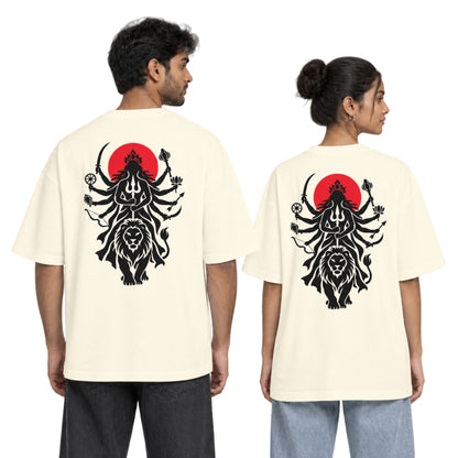 Off white Maa Durga Shakti back print unisex oversized t-shirt worn by a man and a woman, back view