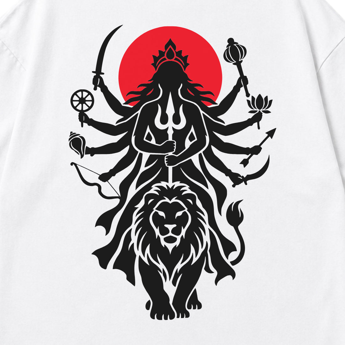 White Maa Durga Shakti back print close-up, ten-armed Durga on a lion against a red sun
