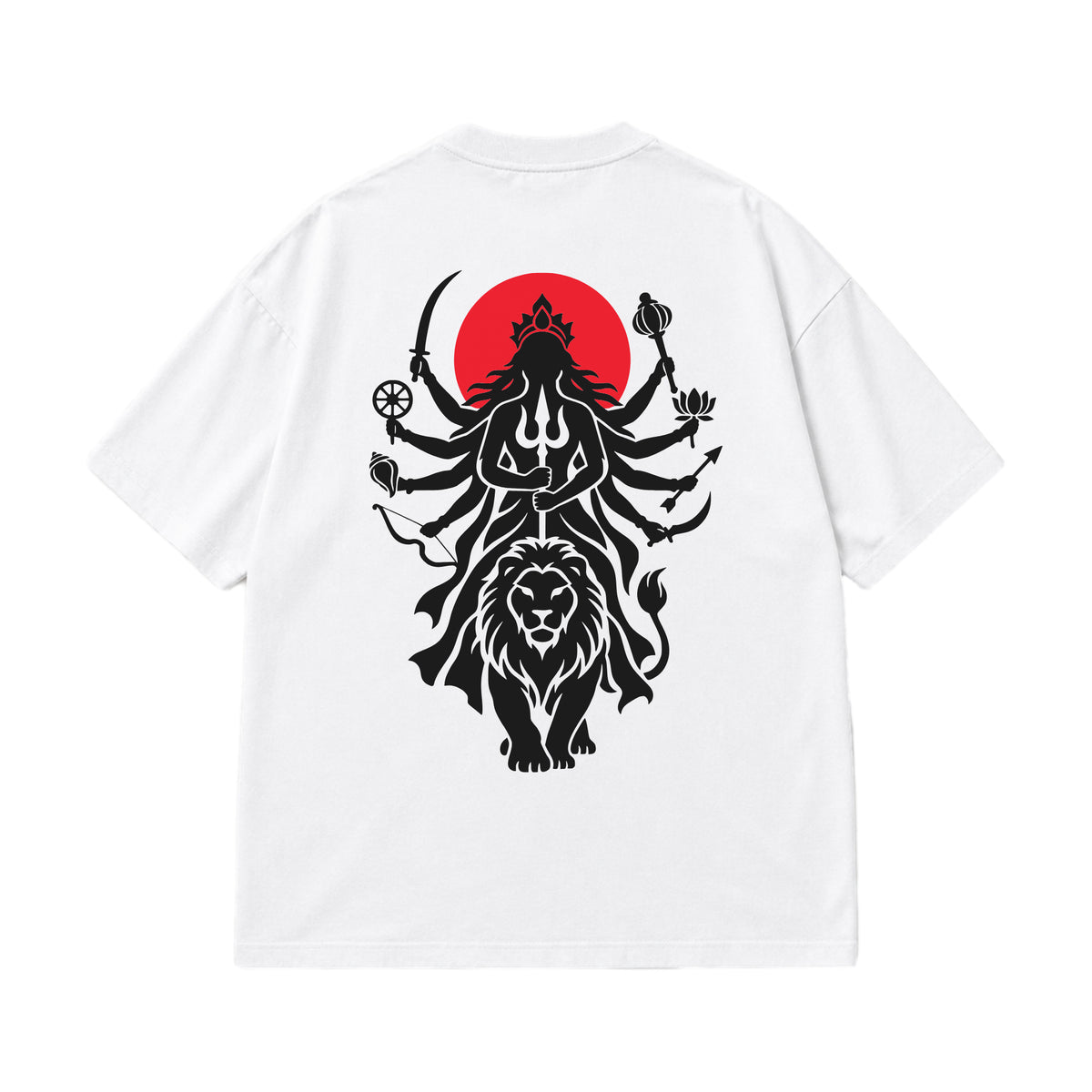White Maa Durga Shakti oversized t-shirt laid flat, showing the Durga and lion back print