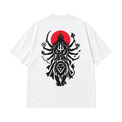 White Maa Durga Shakti oversized t-shirt laid flat, showing the Durga and lion back print