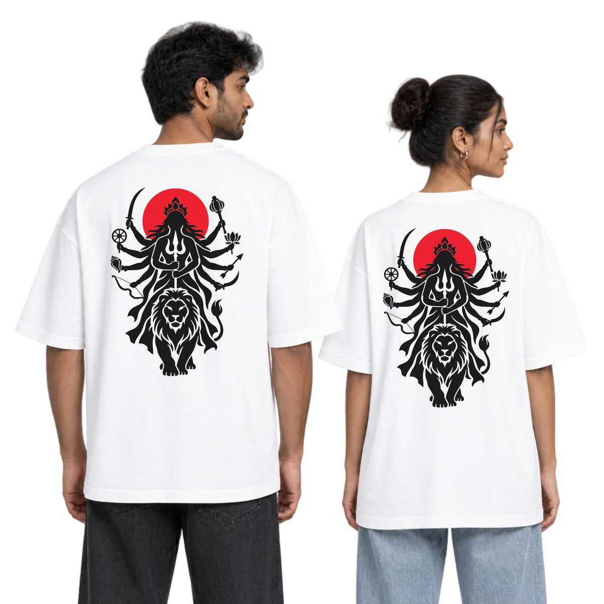 White Maa Durga Shakti back print unisex oversized t-shirt worn by a man and a woman, back view