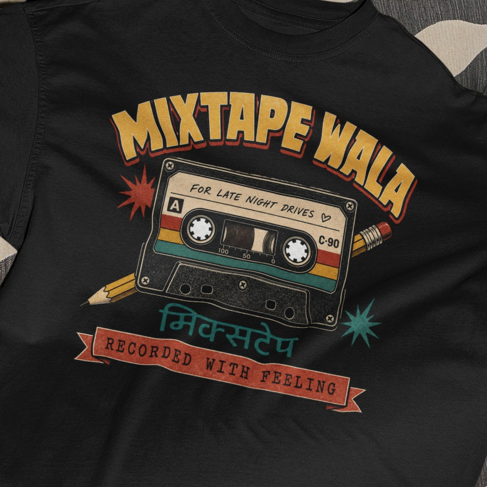 Black Mixtape Wala oversized t-shirt, close-up of the retro cassette print with Hindi मिक्सटेप text and Recorded With Feeling banner