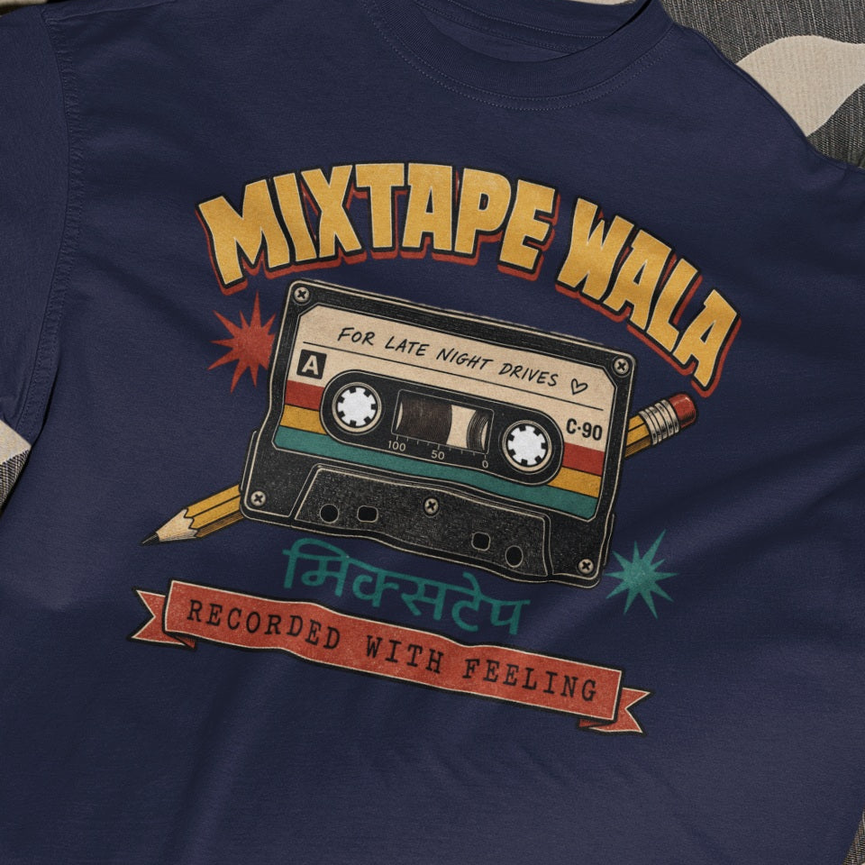 Navy Blue Mixtape Wala oversized t-shirt, close-up of the retro cassette print with Hindi मिक्सटेप text and Recorded With Feeling banner