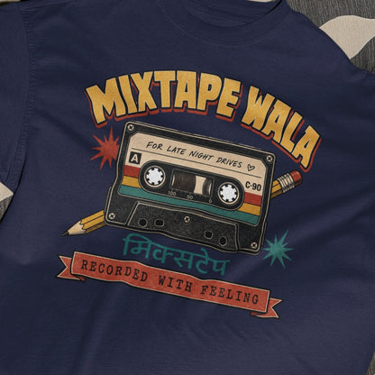 Navy Blue Mixtape Wala oversized t-shirt, close-up of the retro cassette print with Hindi मिक्सटेप text and Recorded With Feeling banner