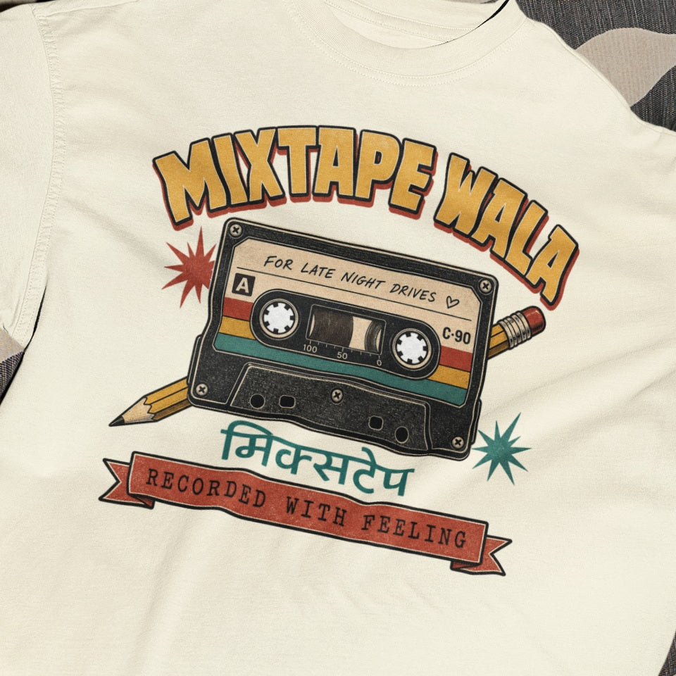Off white Mixtape Wala oversized t-shirt, close-up of the retro cassette print with Hindi मिक्सटेप text and Recorded With Feeling banner