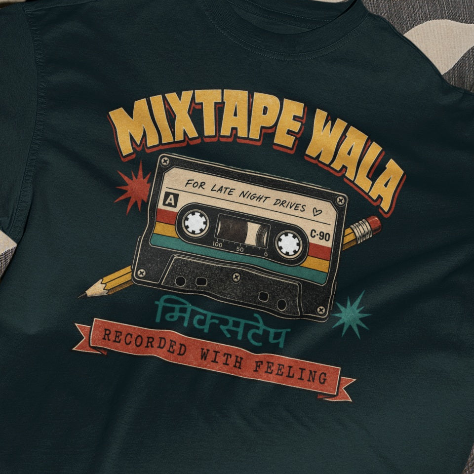 Petrol Blue Mixtape Wala oversized t-shirt, close-up of the retro cassette print with Hindi मिक्सटेप text and Recorded With Feeling banner