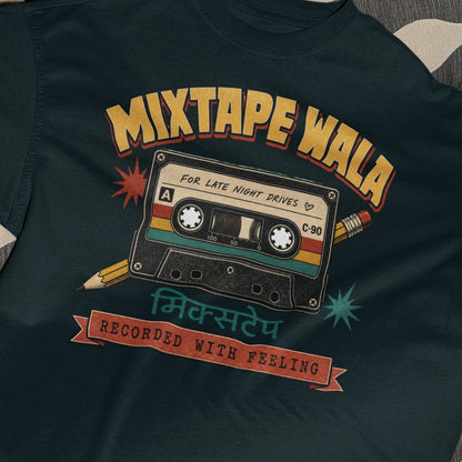 Petrol Blue Mixtape Wala oversized t-shirt, close-up of the retro cassette print with Hindi मिक्सटेप text and Recorded With Feeling banner