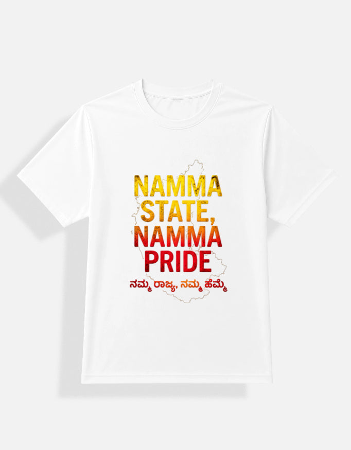 White Namma State Namma Pride Kannada typography DryFit T-shirt flat lay