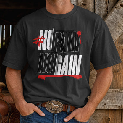 Model wearing the black No Pain No Gain oversized T-shirt with a bold distressed gym typography front print